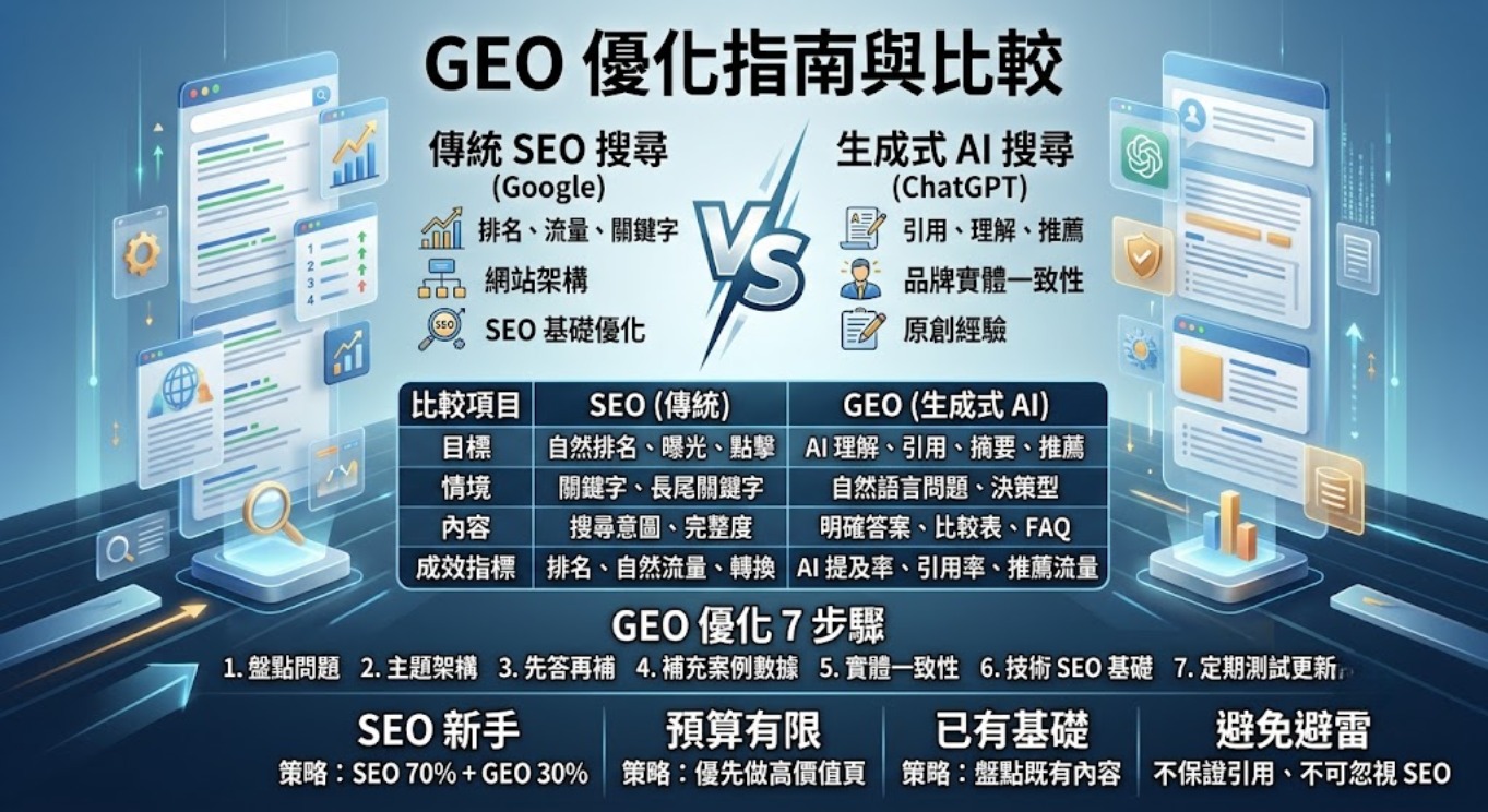 GEO優化怎麼做？GEO vs SEO差異、策略與適合對象一次比較