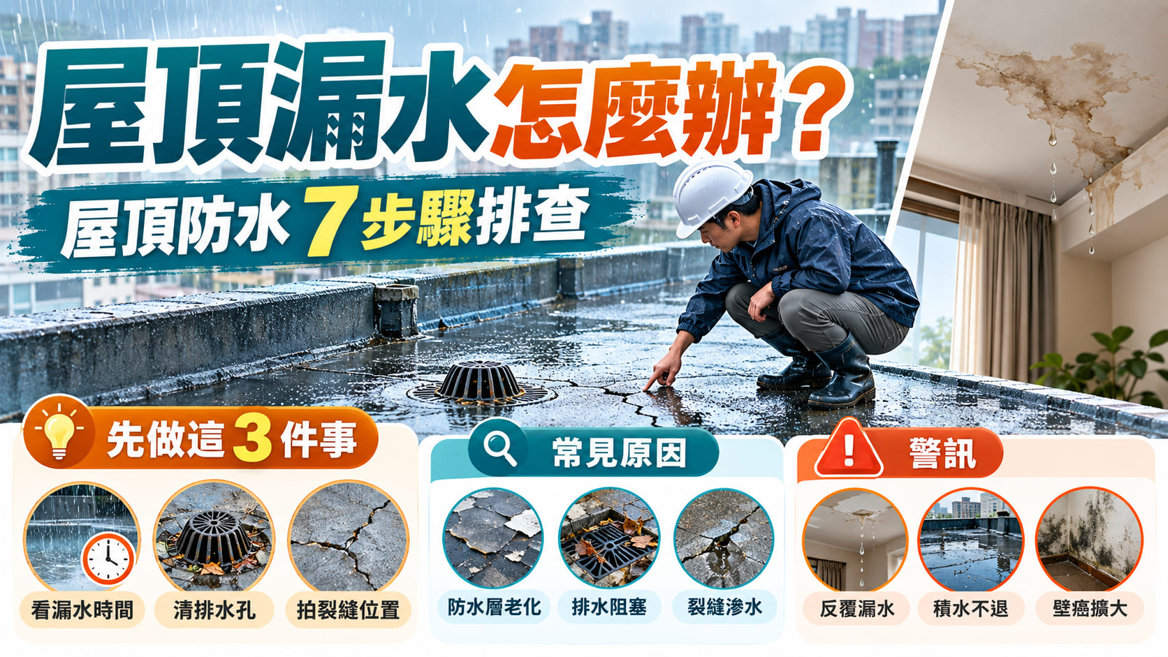 屋頂漏水怎麼辦？屋頂防水常見原因、7 步驟排查與修復重點一次看